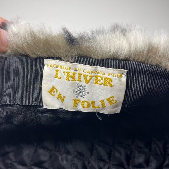 L’Hiver en Folie Vintage Black White Rabbit Fur Leather Trapper Hat Canada MOB - Picture 3 of 6